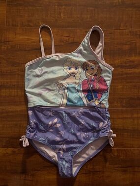 Disney Girls One-Piece Swimsuit in Light Blue, Purple and Pink Elsa & Anna